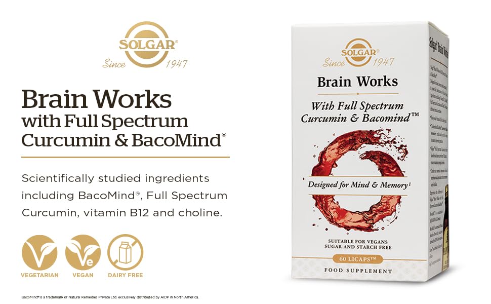SOLGAR Solgar Brain Works with Full Spectrum Curcumin & BacoMind - Mind and Memory Vitamines - Choline Supplement - Supports Focus & Mental Performance - Gluten Free - Vegan Capsules - Pack of 60