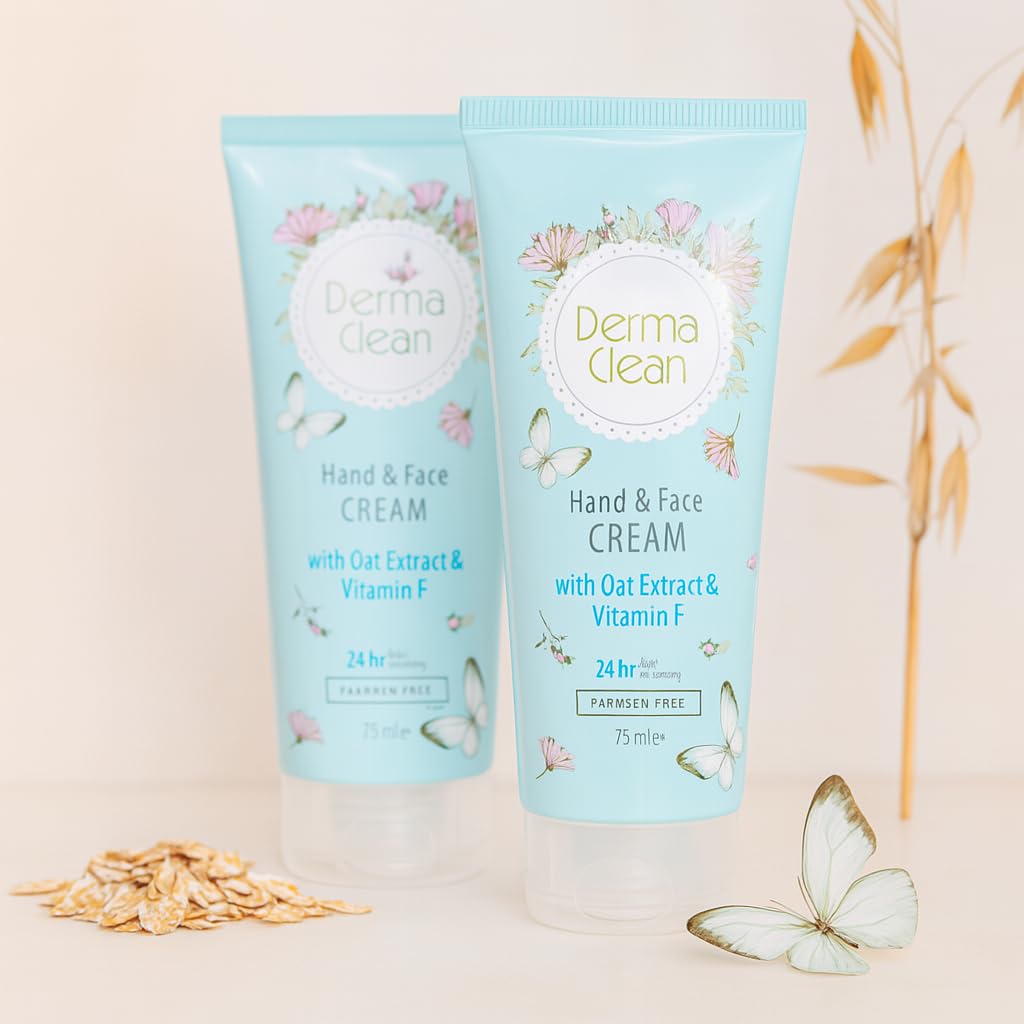 Derma Clean Hand & Face Cream with Oat Extract & Vitamin F – Moisturizing, Anti-Inflammatory, Brightening & Fast-Absorbing Formula, 75ml