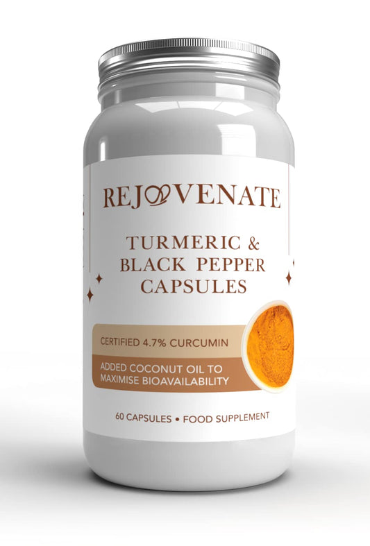 Rejoovenate Turmeric & Black Pepper 60 Capsules with Added Coconut Oil - New Recipe for Maximum Bioavailability | Certified High Curcumin Content | 60 x 700mg