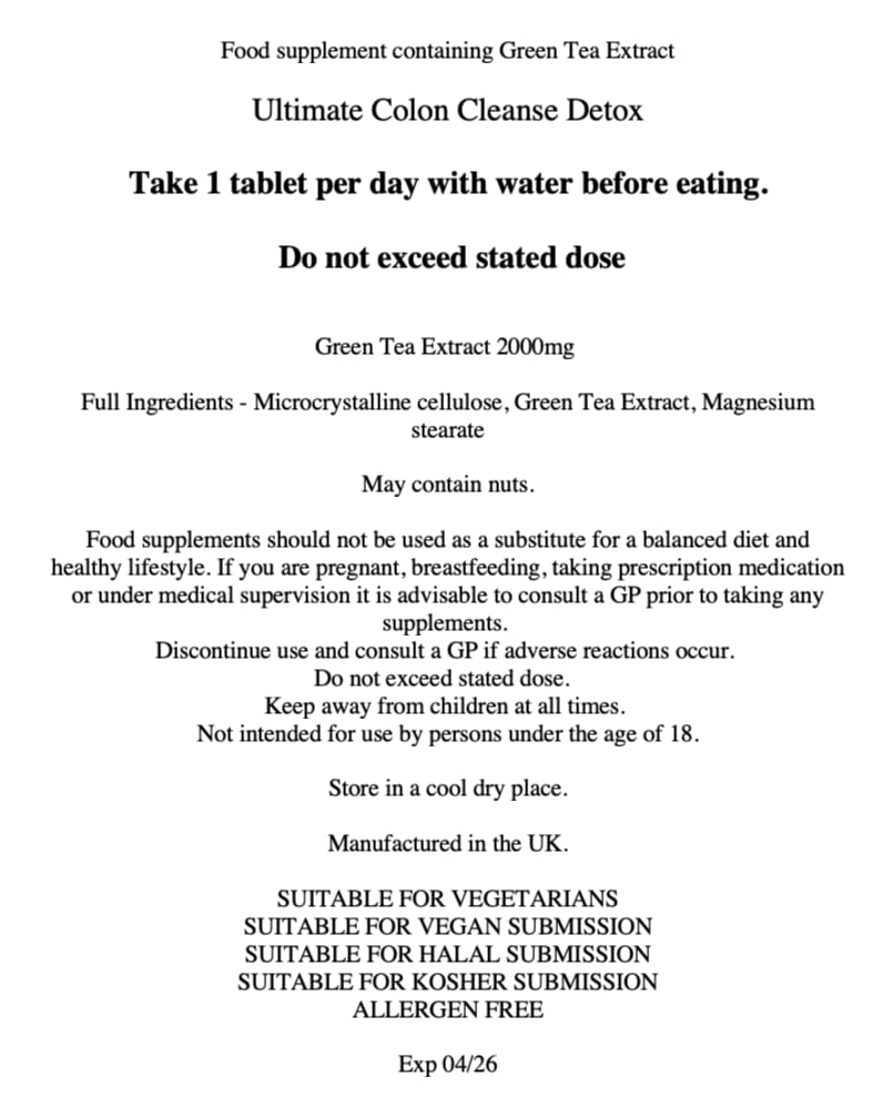 Generic Colon Cleanse Vegan Detox Aid for Gut Health, Digestion Aid, Supports Bowel Function, Constipation Relief and Bloating - 30 Tablets (1 Month Supply)