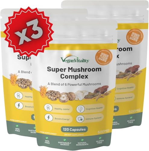 Vegan Vitality Mushroom Complex 6 Lions Mane Mushroom Supplement 360 Capsules High Strength Vegan Supplement with Lions Mane, Reishi, Chaga Mushroom Powder, Shitake, Cordyceps & Maitake