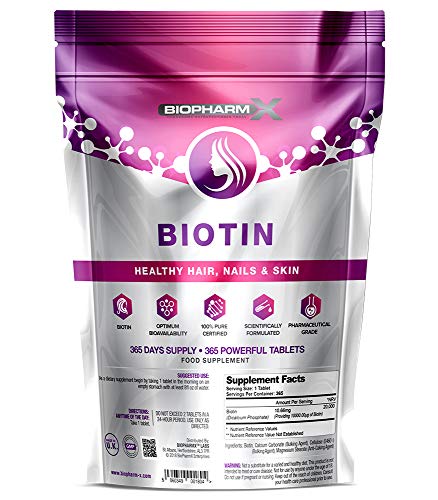 Biopharm-X Biotin Hair Growth Supplement (10,000mcg – 365 Tablets / 1 Year Supply) 100% Pure Certified : Healthy Nail & Hair Growth, Maintenance of Clear Skin