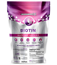 Biopharm-X Biotin Hair Growth Supplement (10,000mcg – 365 Tablets / 1 Year Supply) 100% Pure Certified : Healthy Nail & Hair Growth, Maintenance of Clear Skin