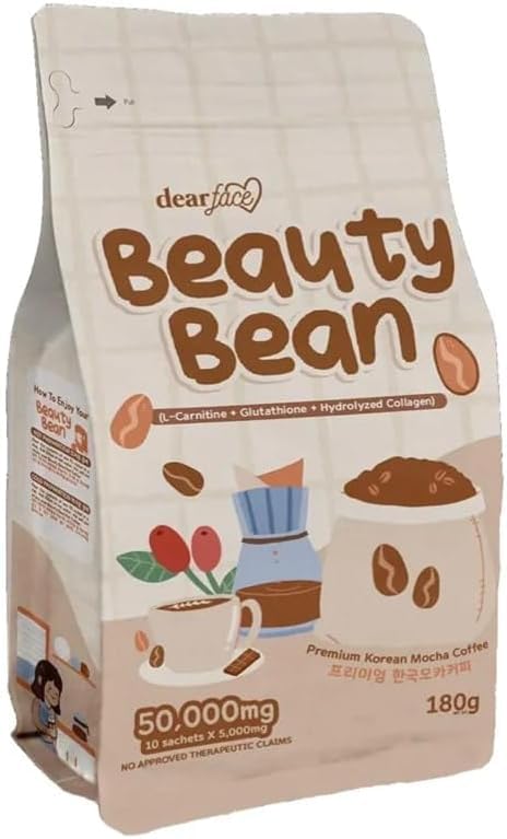 Icee's Beauty Essential Uk Ltd Dear Face Beauty Bean Korean Mocha Coffee with Glutathione, Collagen, 180g, 10 Sachets