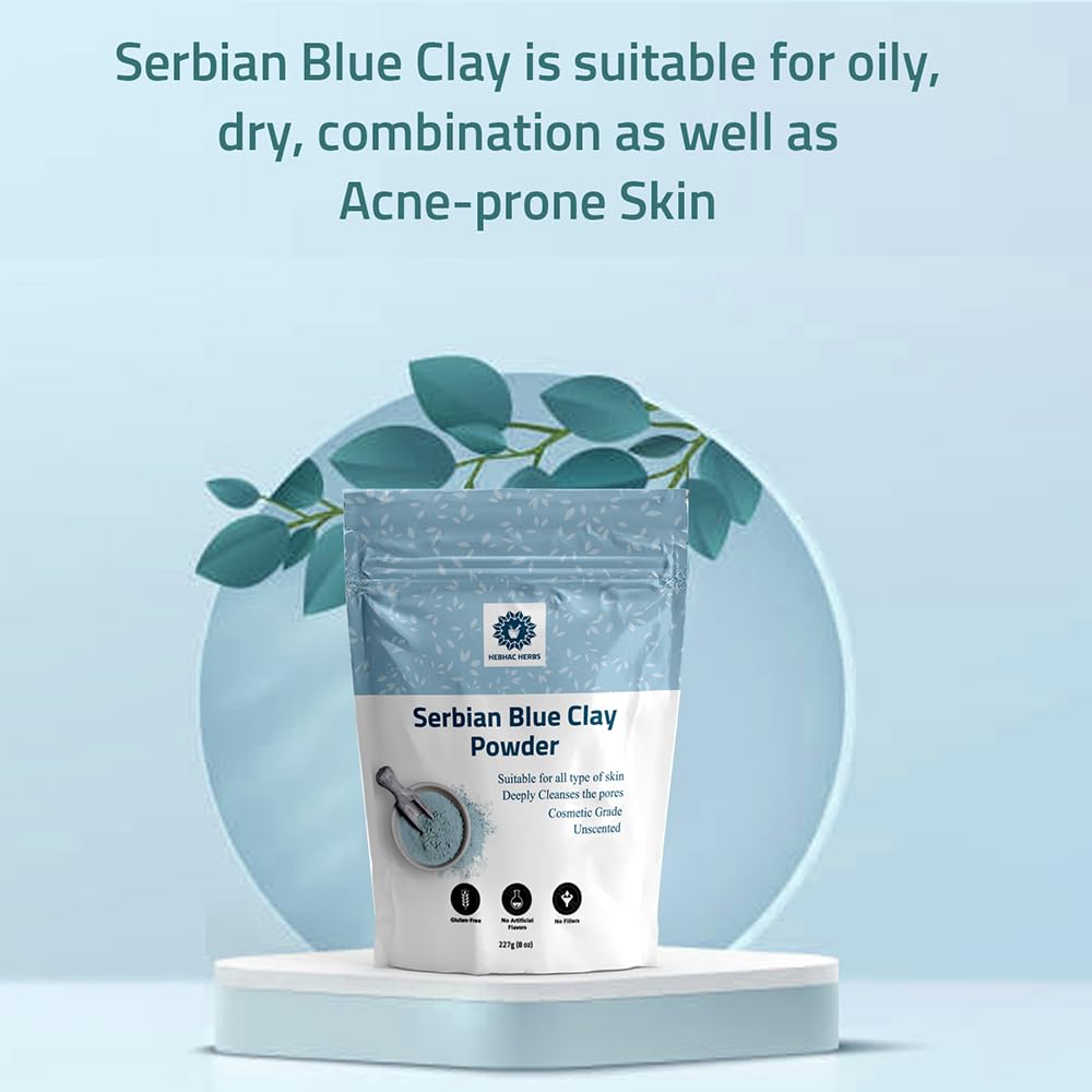 Hebhac Herbs Serbian Blue Clay Powder 227 g for Facial Masks, Creams, Skin Tightening, Body Wraps,Scrubs, and Soap Making.