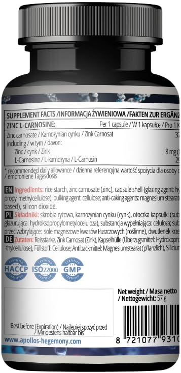 Zinc L-Carnosine 37.5 mg per Capsule - 90 Vegan Capsules - 3 Months Supply - for Skin, Hair & Nail Health - Supplement by Apollo's Hegemony