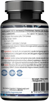 Zinc L-Carnosine 37.5 mg per Capsule - 90 Vegan Capsules - 3 Months Supply - for Skin, Hair & Nail Health - Supplement by Apollo's Hegemony