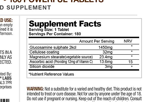1500mg Glucosamine Sulphate 2KCL + Vitamin C (180 Tablets - 1 Per Day / 6 Month Supply)
