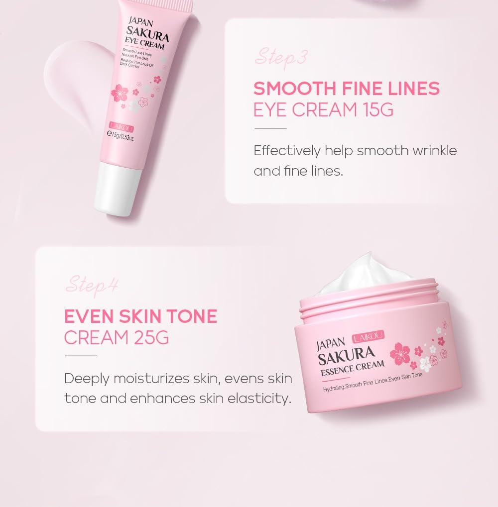 FANFALUV Skincare Set Gifts For Teenage Girls-Sakura Skin Care Sets & Kits With Cleanser Face Serum,Eye Cream,Essence Cream For Blackheads Hydrate Moisturize-Face Exfoliator-Christmas Gifts For Women 4pcs