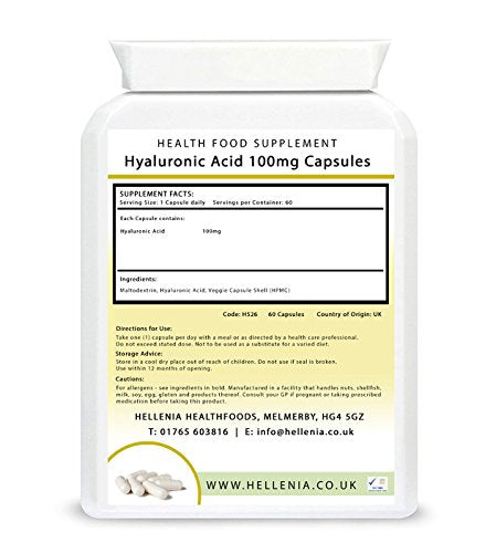 Hellenia Hyaluronic Acid 100mg | Supports Healthy Connective Tissue and Joints | Natural Moisturiser for Radiant Skin | 60 Capsules | Vegan Friendly
