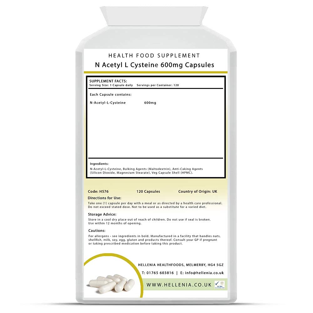 Hellenia N-Acetyl-Cysteine 600mg | 120 Capsules | Vegan NAC Supplement | Manufactured in The UK