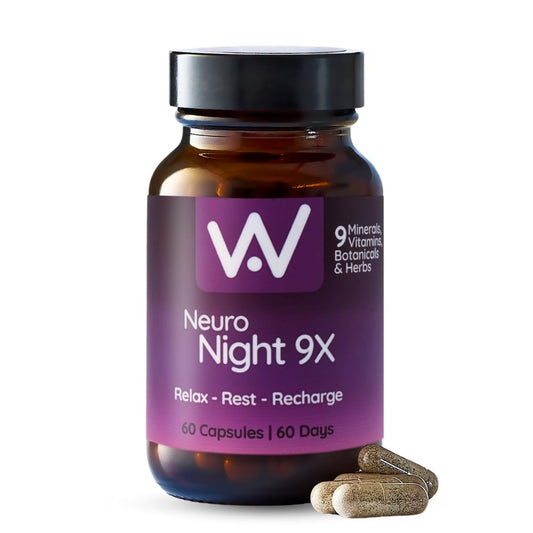 WELL ACTUALLY Neuro Night 9X - Ultimate Sleep Supplement, Mood, Relax & Unwind, with Griffonia, Montmorency Cherry, Schisandra, Magnesium & Zinc, Chamomile, Reishi, Hops, VIT B6 (60 Caps)