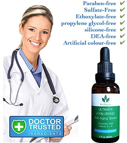 Pro-Elegance Hyaluronic Acid Serum for face 60ml Bottle Anti ageing & wrinkle Cruelty Free Best Pure Liposome Moisturiser with Vitamin C Green Tea Vitamin E & Organic Jojoba Oil