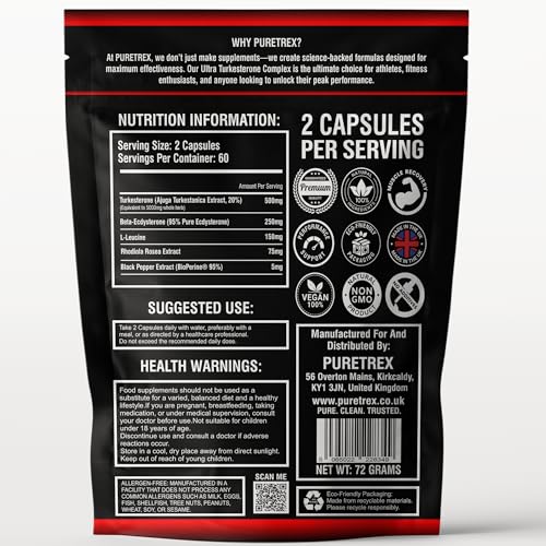 Puretrex Ultra Turkesterone Complex 5000mg – 120 Capsules – with Beta-Ecdysterone, L-Leucine, Rhodiola Rosea & BioPerine® – Natural Strength, Muscle Growth & Performance Support Supplement
