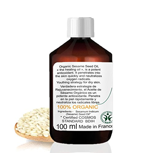B.O.T cosmetic & wellness Certified Organic Cold Pressed Sesame Seeds. PREMIUM Sesame Oil 100% Pure & Natural for Beauty Skin (Body & Face), Nails, Ayurvedic Massage, Oil Carrier, Oil Pulling 100 ml 3.52fl oz