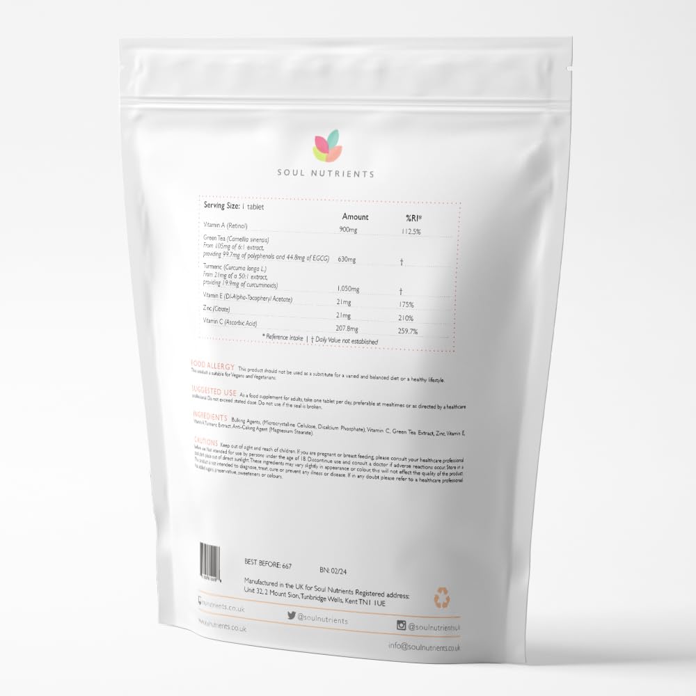 Soul Nutrients Daily Glow (Antioxidant)- 90 Tablets- Get Your Perfect Glow- One a Day- Vitamin E, Vitamin C, Zinc, Green Tea, Turmeric, Vitamin A- for The Perfect Glow