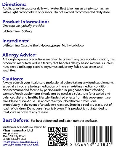 L-Glutamine 500mg High Strength 90 Capsules - Pure Amino Acid with no fillers or Binders - Suitable for Vegans – Exclusively Manufactured in The UK by Pharmanostix