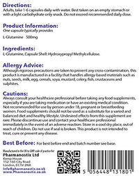 L-Glutamine 500mg High Strength 90 Capsules - Pure Amino Acid with no fillers or Binders - Suitable for Vegans – Exclusively Manufactured in The UK by Pharmanostix