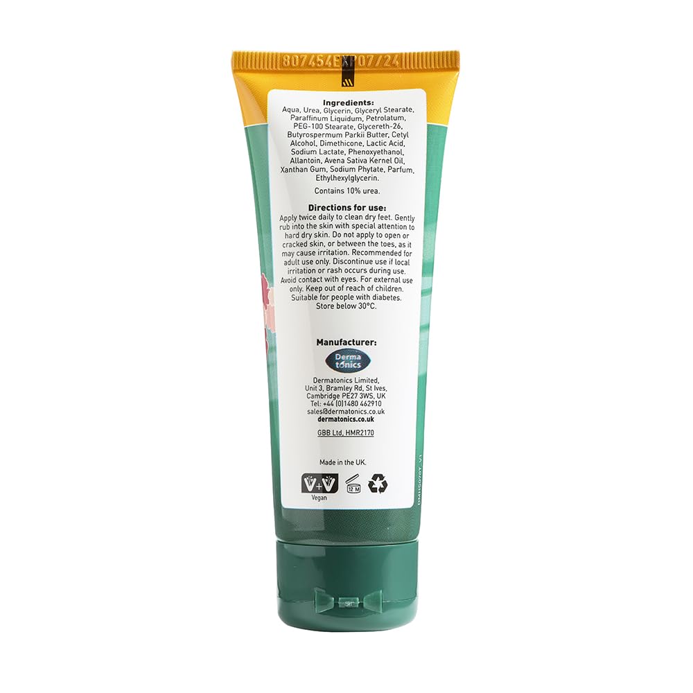 Dermatonics Natural Care Hard Skin Removing Balm for Feet | Scented with Sweet Blossom Aromas | Moisturises with Shea Butter and Hydrates with Oat Lipids | Diabetics and Vegan-friendly | 70 ml