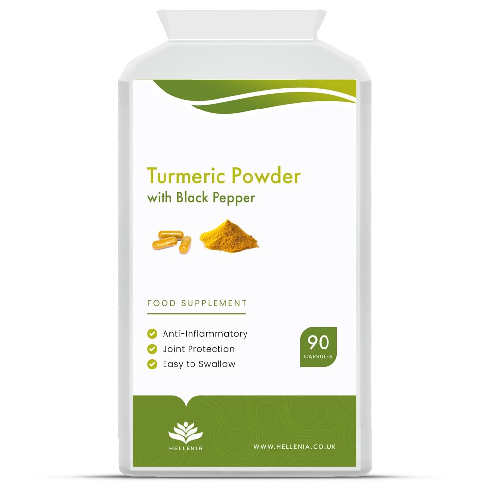 Hellenia Turmeric 500mg with Black Pepper (Piperine) - 90 Capsules - Natural Source of Curcumin