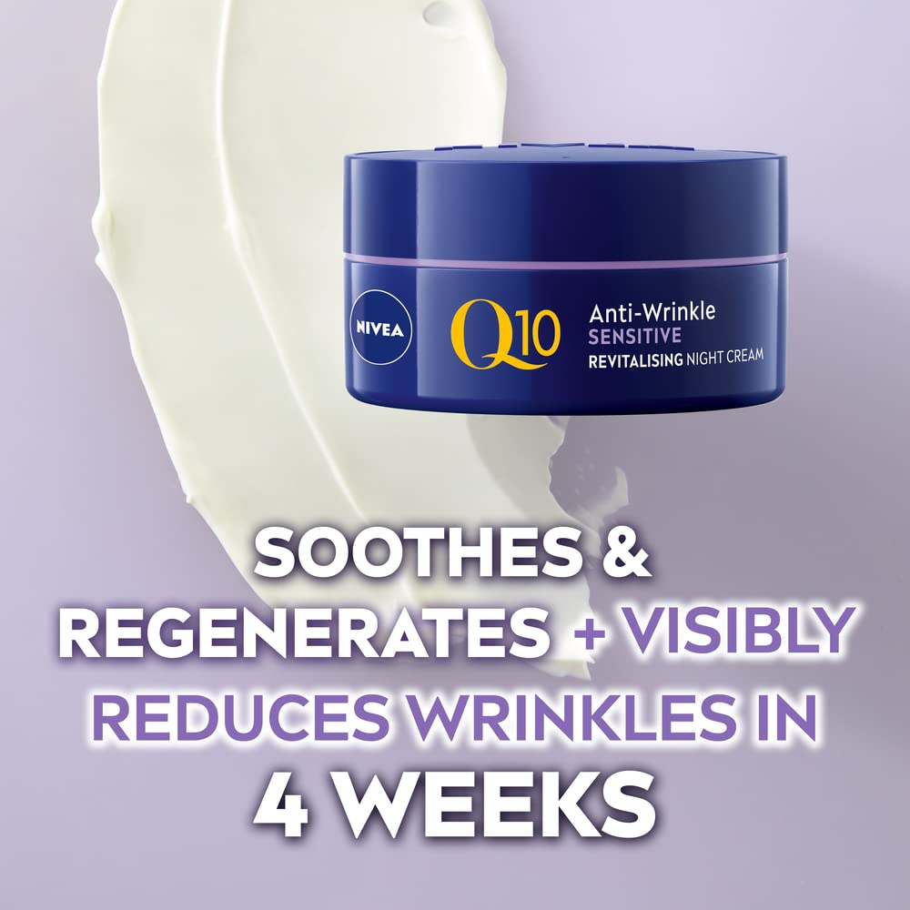 NIVEA Q10 Anti-Wrinkle Sensitive Revitalising Night Cream (50ml), Face Cream with Pure Skin Identical Q10 and Liquorice Extract, Sensitive Skin Cream