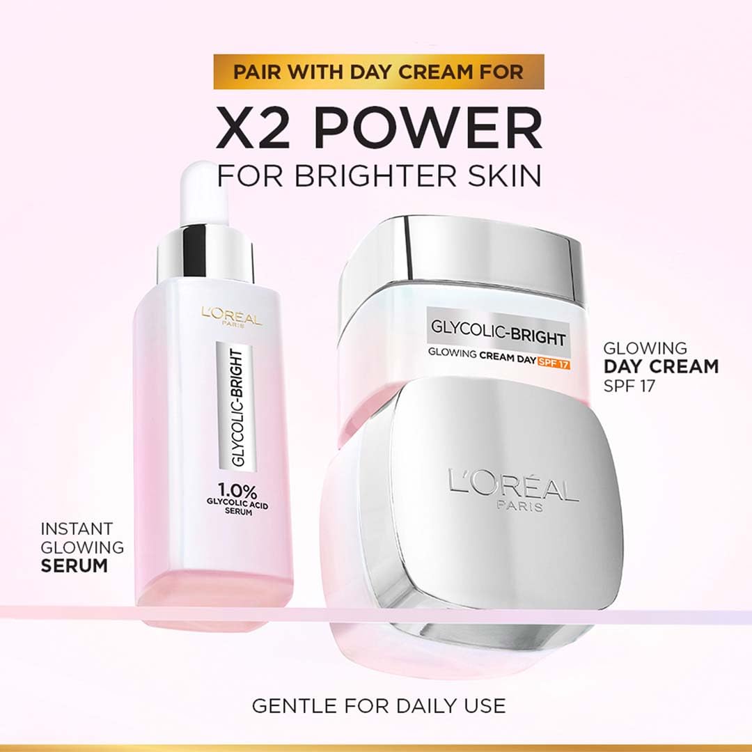 L'Oreal Paris Glycolic Bright Serum, 1% Glycolic Acid, 2% Niacinamide Serum, Visibly Minimizes Spots, Reveals Even Skin Tone, Glycolic Bright Skin, 15ml