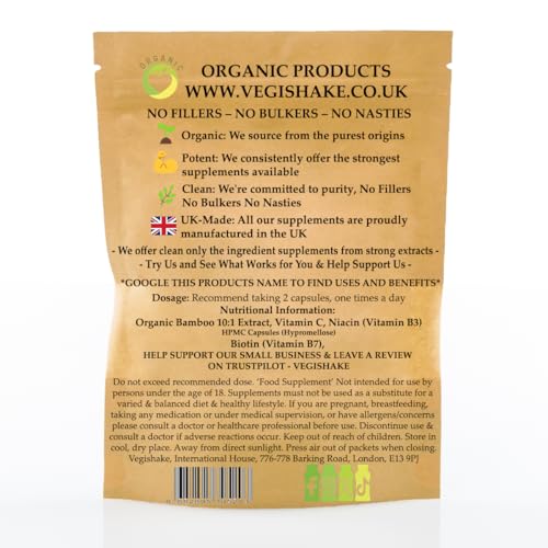 vegishake Hair Skin and Nails Vitamins – Biotin 10,000µg, Bamboo Extract, Vitamin C & Niacin – Vegan Capsules Hair Growth, Radiant Skin & Strong Nails (90 Capsules)