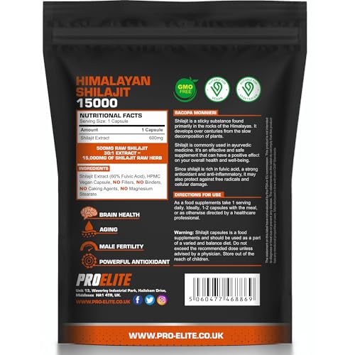 Shilajit 500mg Vegan Capsules -1500mg 30:1 Extract | 60% Fulvic Acid | High Strength Shilajit for Men & Women| Rich in Trace Minerals | No Additives & Fillers by PROELITE (90 Capsules)
