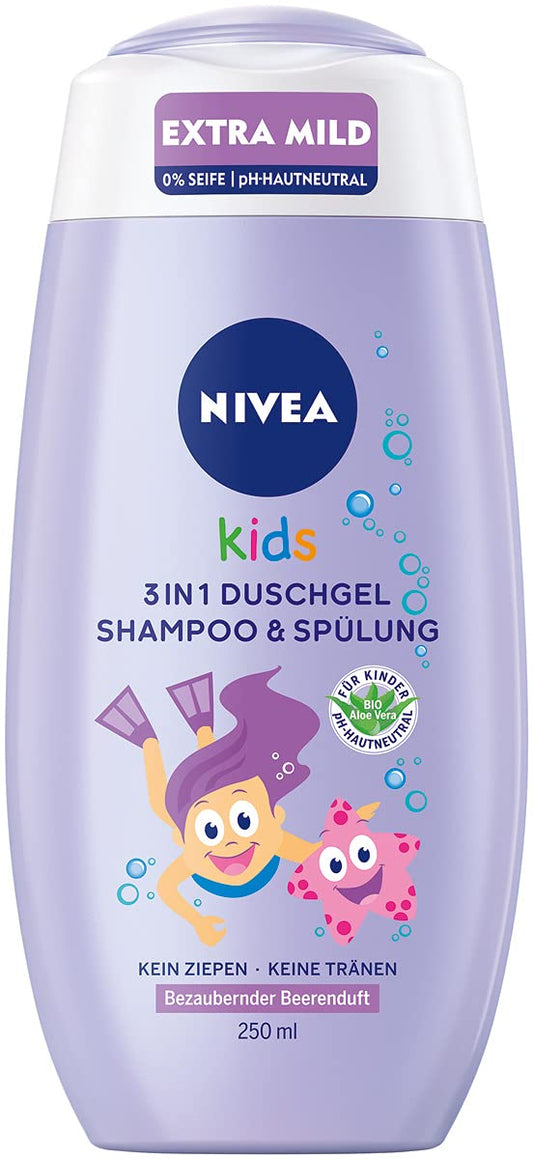 Nivea NIVEA KIDS 3-in-1 Shower Gel, Shampoo & Conditioner (250 ml), Care and Cleaning for Kids with Adorable Berry Fragrance, Extra Mild & Soap-Free Hair and Skin Care for Children
