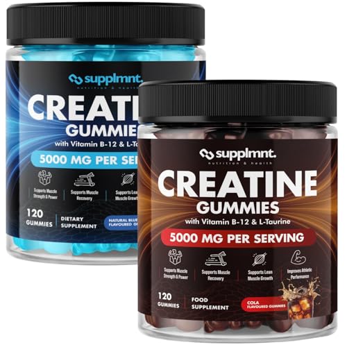 supplmnt. Creatine Gummies 5000mg 120ct Max Strength Muscle Growth/Recovery Supplements for Men & Women Creatine Monohydrate, B12 & L-Taurine Gym Pre Workout Chewable Gummies, 2 Months Supply, Cola & Blueberry