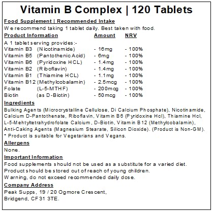 Peak Supps Vitamin B Complex 120 Tablets | Combination of 8 B-Vitamins