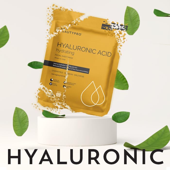 BEAUTYPRO HYALURONIC ACID Hydrating Facial Sheet Mask - 100% Biodegradable | Hydrating Beauty Face Mask | Infused with Hyaluronic Acid | Korean Skin Care | Multi-Award Winnin