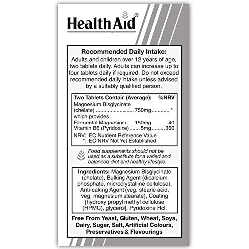 HealthAid Magnesium Bisglycinate - 750mg Chelated Magnesium and 150mg of Elemental - Muscle and Sleep Support - Gentle on Stomach - 60 VeganTablets