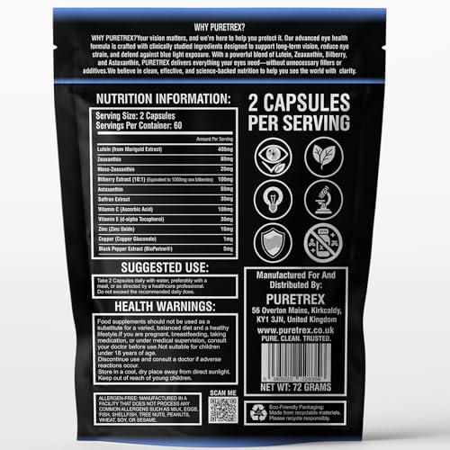 Puretrex Eyeshield 360 – Advanced Eye Health Supplement with Lutein, Zeaxanthin, Meso-Zeaxanthin, Bilberry, Astaxanthin, Saffron, Zinc, Copper, Vitamin C & E, BioPerine® – 120 Capsules