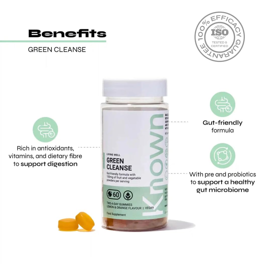 Super Green Powder Gummies by Known Nutrition | Natural Digestive Support | Natural Lemon and Orange Flavour | 60 Two-a-Day Vegan Vitamin Gummies (One Month’s Supply)  | Greens Powder Alternative