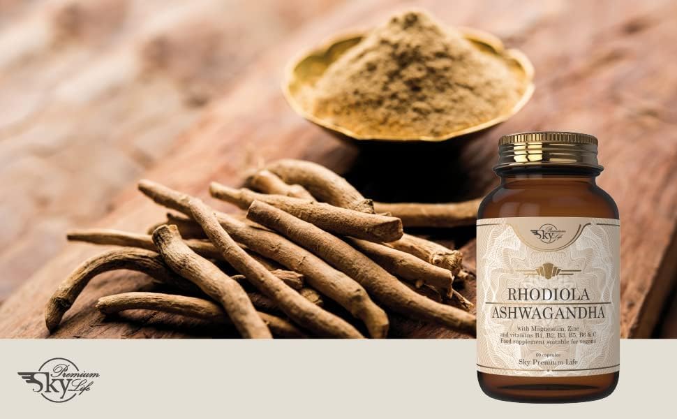 Sky Premium Life Stress Relief Complex - Organic Ashwagandha and Rhodiola Food Supplement with Magnesium, Zinc, Vitamin C, B-Complex - 120 Capsules