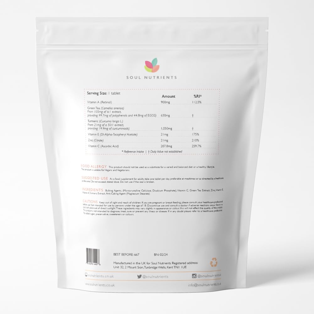 Soul Nutrients Daily Glow (Antioxidant)- 90 Tablets- Get Your Perfect Glow- One a Day- Vitamin E, Vitamin C, Zinc, Green Tea, Turmeric, Vitamin A- for The Perfect Glow