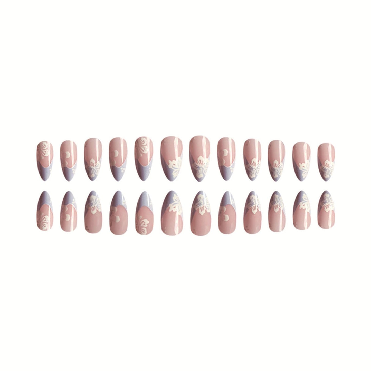 Cosmeria 24 Pieces Press on Nails, Blue French Tips, Medium Length Almond Shape Fake Nails with White Floral Design, Glossy Stick on Nails