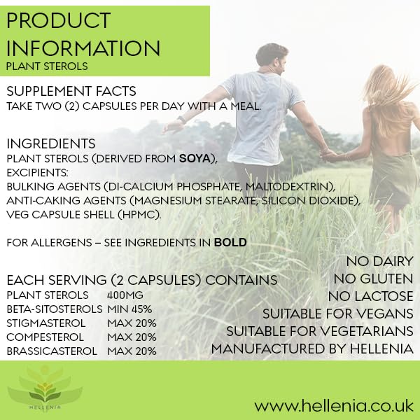 Plant Sterols 400mg per Serving - 60 Capsules - Containing Plant Sterols, Beta-Sitosterols, Stigmasterol, Compesterol, Brassicasterol | Helps Maintain Cholesterol Levels - Made in The UK by Hellenia