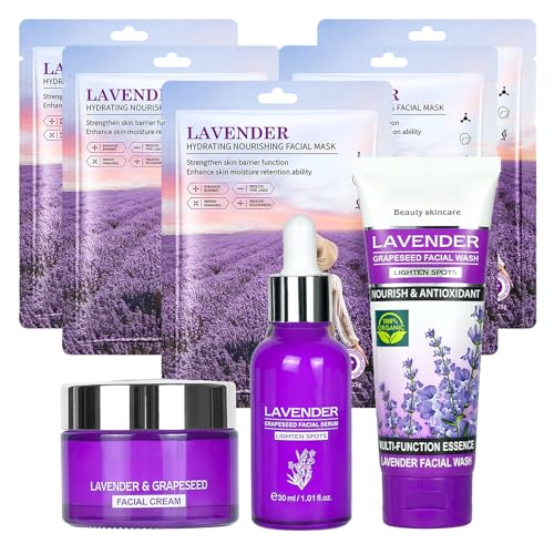 OKAQEE Lavender Skincare Set - 8PCS Facial Skin Care Set with Lavender Face Mask, Face Serum, Face Cream and Facial Wash