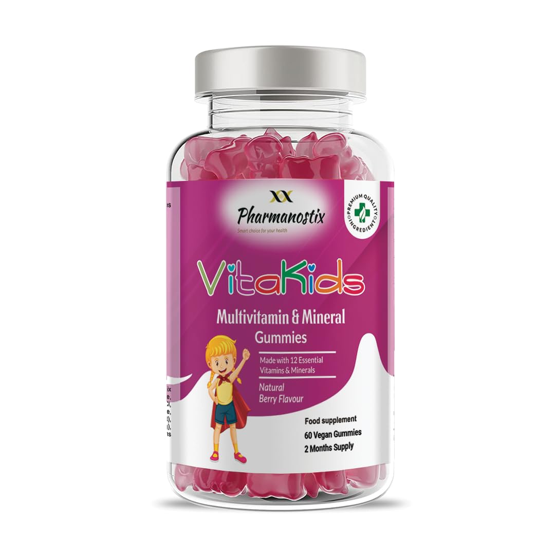 Pharmanostix VitaKids Multivitamin & Minerals Gummies, 60 Natural Berry Flavour Gummies, 2 Months’ Supply, 12 Essential Children’s Vitamins, Vegan, Gelatine & Gluten Free, Includes VIT A, C, E and D