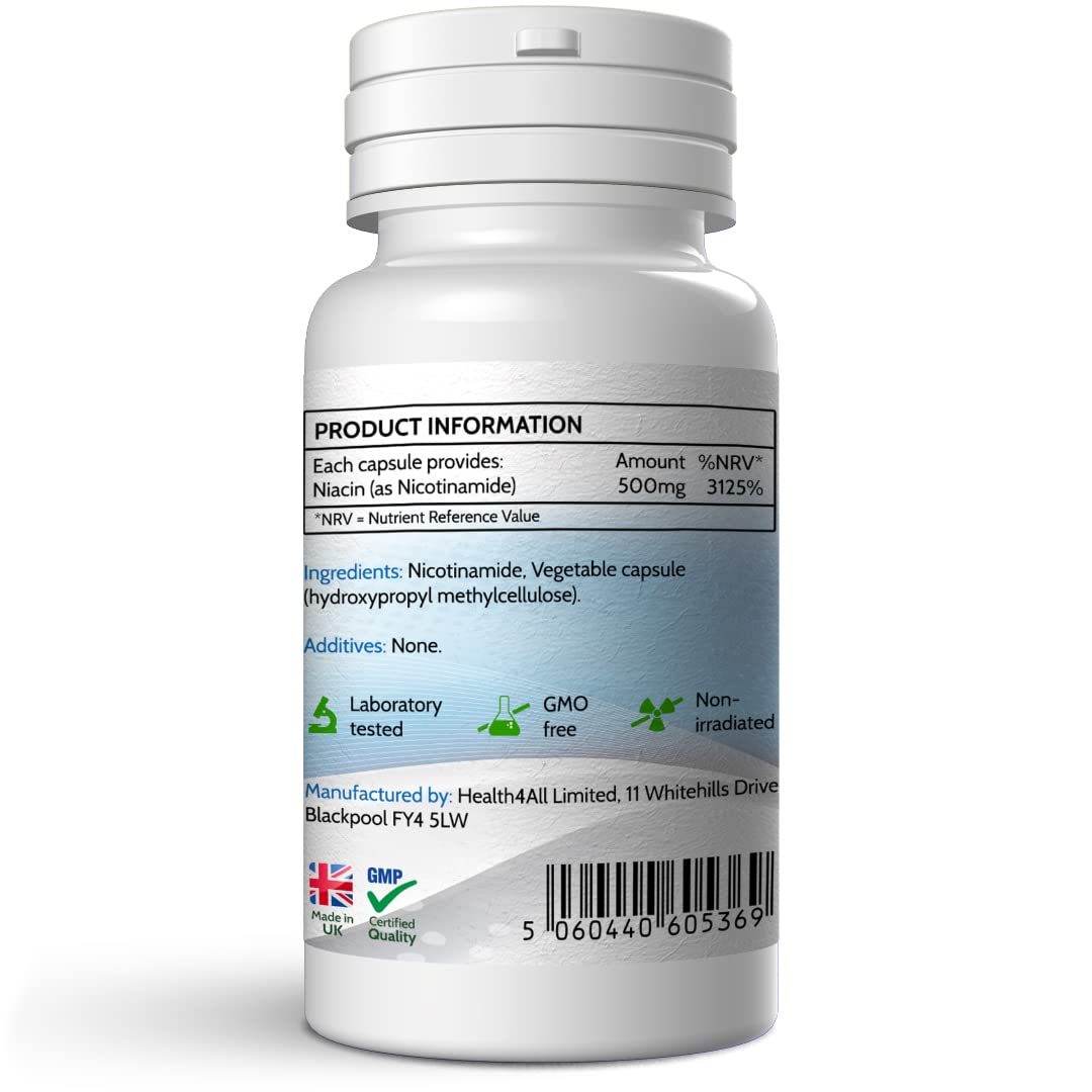 Health4All Vitamin B3 Niacin as Nicotinamide (Niacinamide) 500mg 240 Capsules (V) Purest, No Additives, Vegan, Gluten Free No-Flush Niacin Capsules