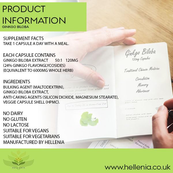 Hellenia Ginkgo Biloba | Highly Dosed 50:1 Extract 6000mg | High Strength | 180 Capsules | Manufactured in The UK