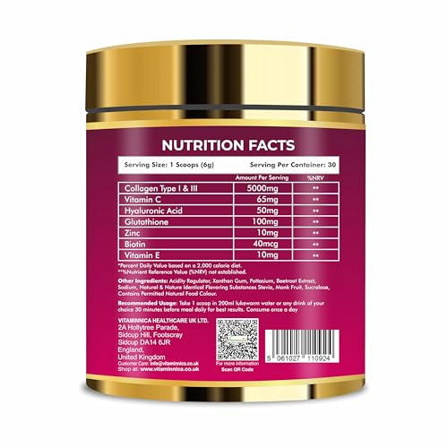 Vitaminnica Because your Health Matters Vitaminnica Vita Beauty Premium Bovine Collagen Powder (Type I & III) with Hyaluronic Acid, Glutathione, Vitamin C, Biotin & Vitamin E | for Glowing Skin & Anti-ageing | 30 Servings (Strawberry)