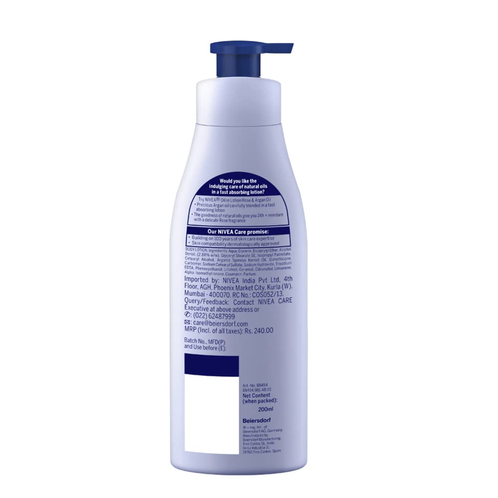 Nivea Rose and Argan Oil Body Lotion 400 ml (13.5 oz) - - goodness of natural oil in a fast absorbing lotion. Dry Skin - India