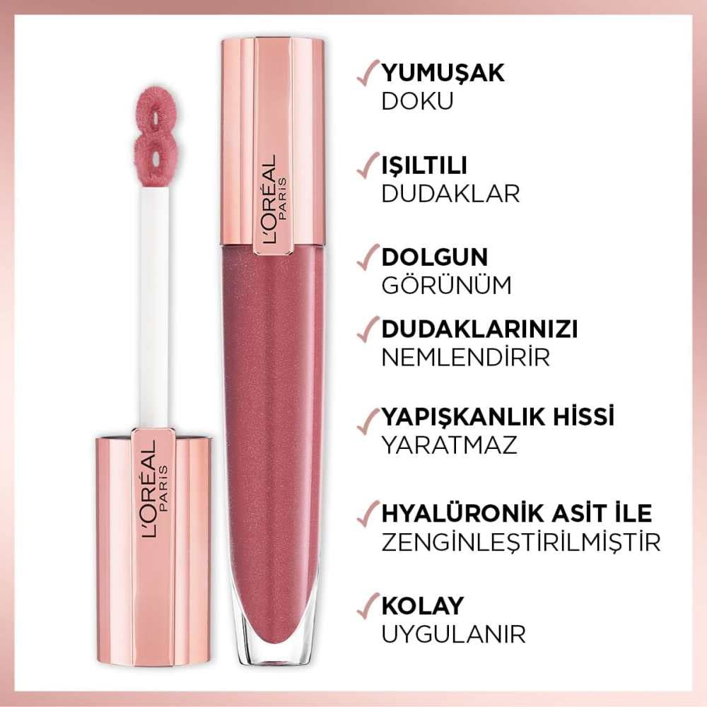 L'Oreal Paris Lip Gloss, Plumping and Hydrating, with Hyaluronic Acid and Collagen Complex, Glow Paradise Balm-In-Gloss, 404 I Assert, 7 ml