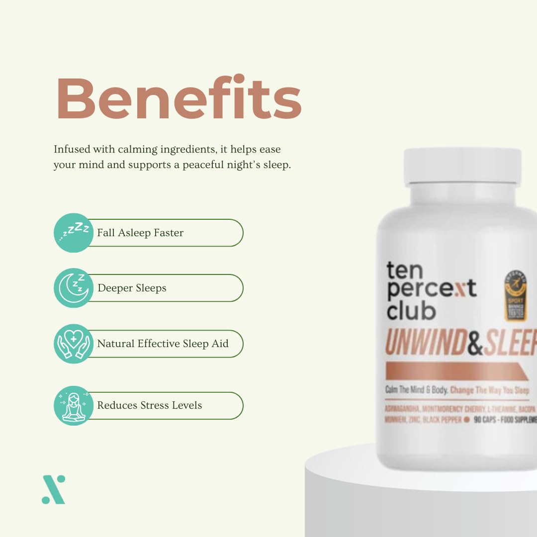 The Ten Percent Club - Unwind & Sleep | Mushroom Complex Capsules | Sleep & Stress Relief Supplement with Ashwagandha, L-Theanine, Bacopa Monnieri, Zinc | Natural Sleeping Aid | 90 Capsules