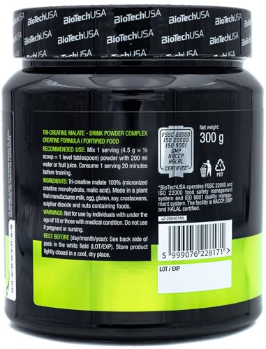 BioTechUSA Tri Creatine Malate | 4500mg Triple Creatine Compound | Gluten Free | for Enhanced Physical Performance in High-Intensity Workouts, 300g