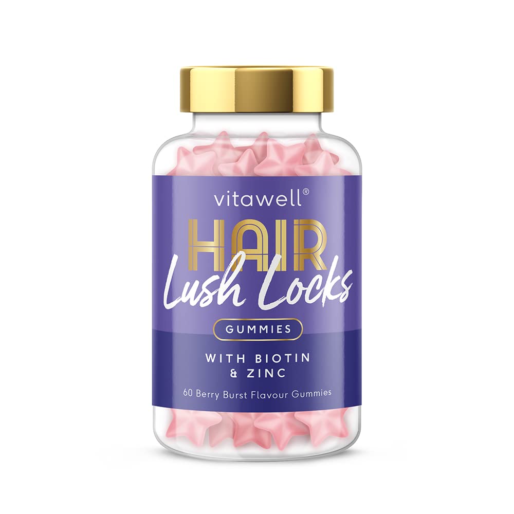 Vitawell Hair Lush Locks Gummies | 60 Vegetarian Mixed Berry Flavour Gummies | 2 a Day | Biotin with Zinc & Vitamin E | 1 Month Supply | by Vitawell