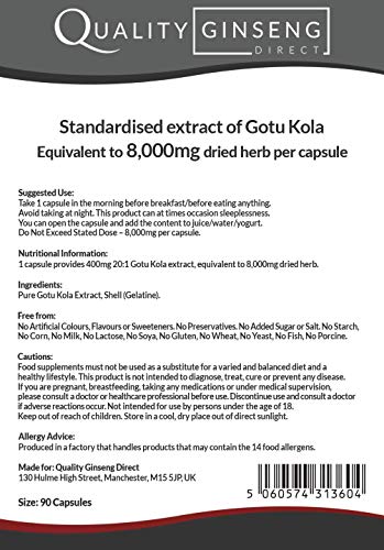Quality Ginseng Direct GOTU KOLA - 8,000mg Capsules - Powerful Formula (90 Capsules)